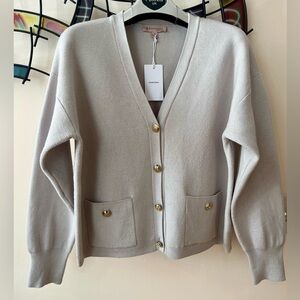 Philosophy Cardigan, Gold Button Front Long Sleeve Greige Color, Size L